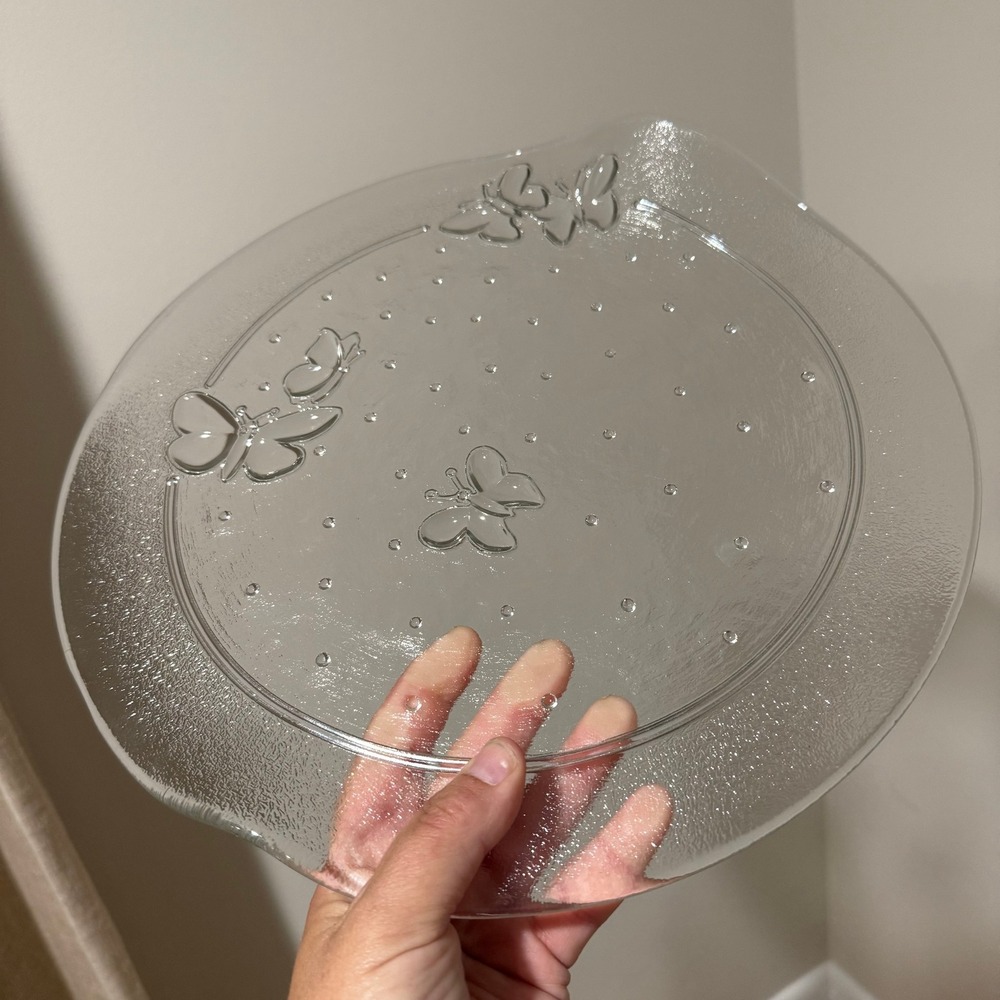 Clear Glass Butterfly‎ Embossed Decorative Plate 12" Textured Rim Charcuterie